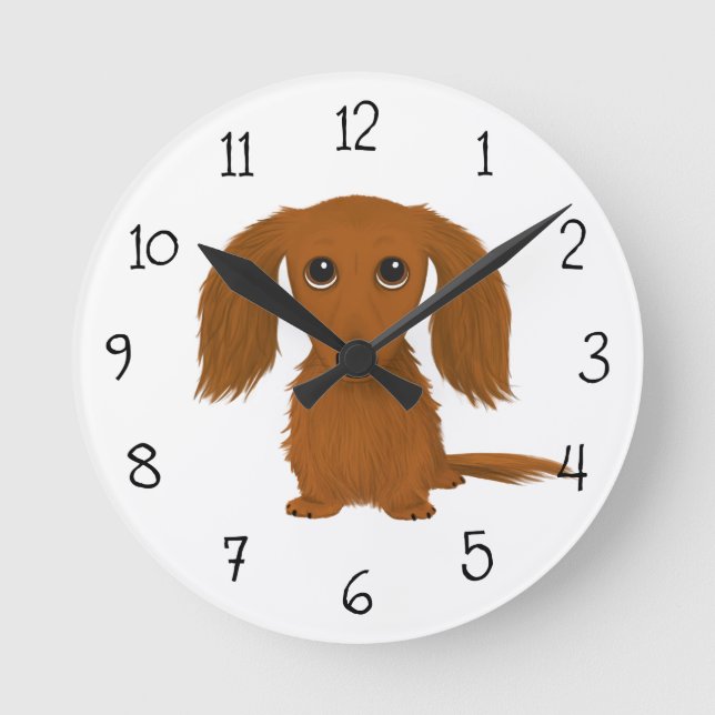 Långfärgad Red Dachshund | Cute Doxie Tecknad hund Rund Klocka (Framsida)