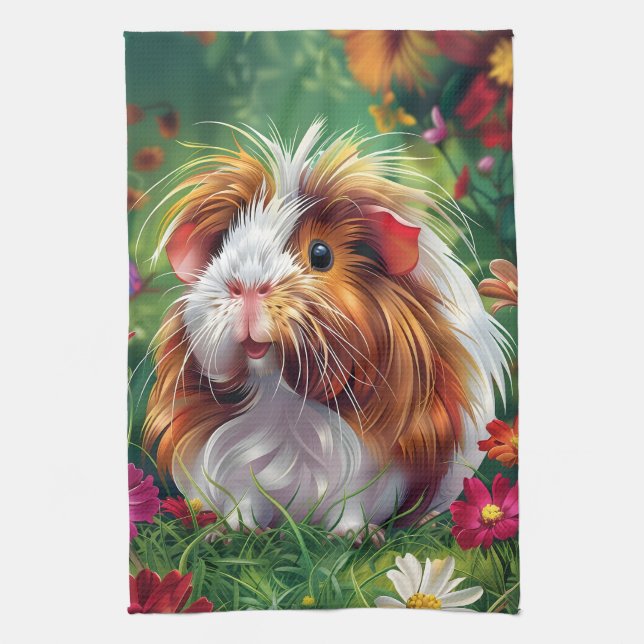 Långfristigt Guinea Gris bland blommor Kökshandduk (Vertikal)