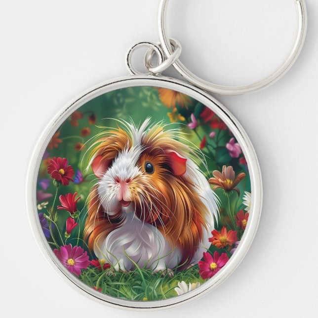 Långfristigt Guinea Gris bland blommor Rund Silverfärgad Nyckelring (Framsidan)