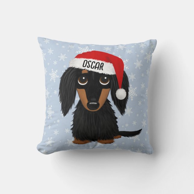 Långhårig Black and Tan Dachshund Santa Anpassning Kudde (Framsida)