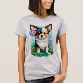 Långhårig Chihuahua Blommig Akvarell Trädgård  T Shirt