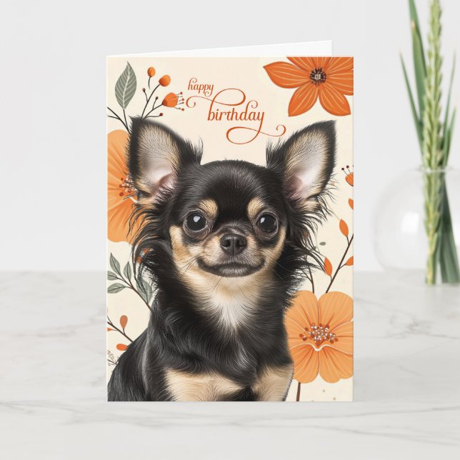 Långhårig Chihuahua Hund Retro Födelsedag Kort (Framsida)