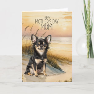 Långhårig chihuahua hund solnedgång strand mors da helgkort