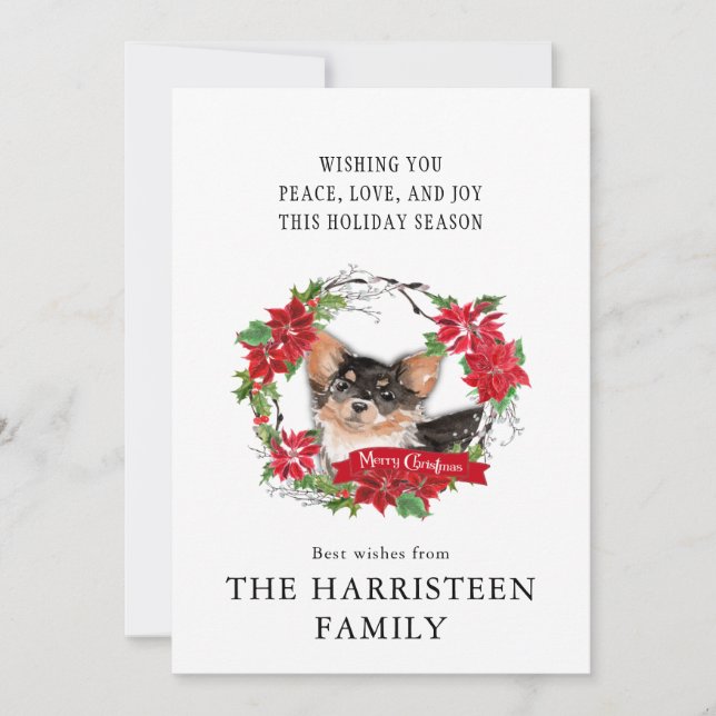 Långhårig Chihuahua Watercolor Poinsettia jul Julkort (Framsida)