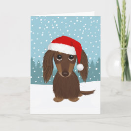 Långhårig Chocolate Dachshund Cute Hund jul Helgkort