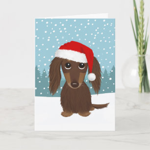 Långhårig Chocolate Dachshund Cute Hund jul Helgkort