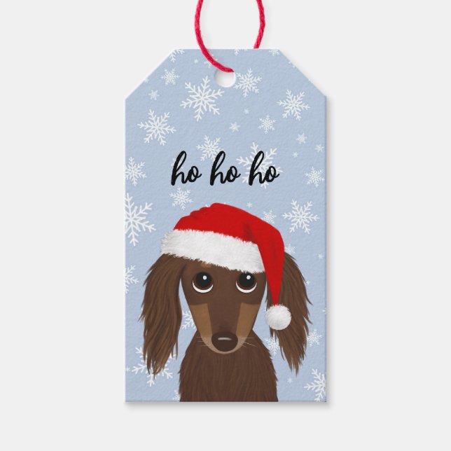 Långhårig Chocolate Dachshund Cute Hund jul Presentetikett (Framsidan)