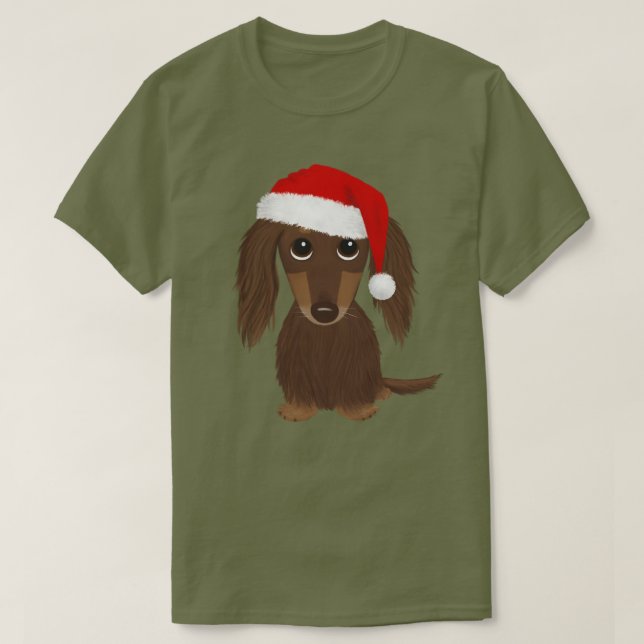 Långhårig Chocolate Dachshund Santa jul T Shirt (Design framsida)
