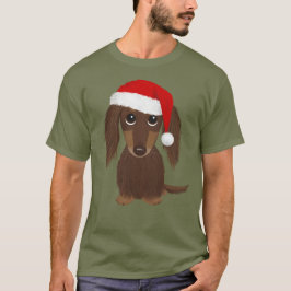 Långhårig Chocolate Dachshund Santa jul T Shirt