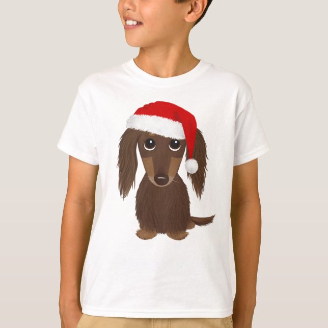 Långhårig Chocolate Dachshund Santa jul T Shirt (Framsida)