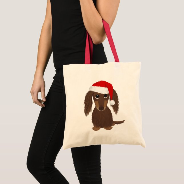Långhårig Chocolate Dachshund Santa jul Tygkasse (Framsida (produkt))
