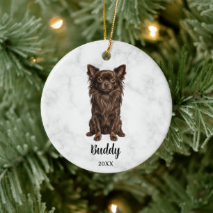 Långhårig choklad Chihuahua namn hund minnesmärke Julgransprydnad Keramik