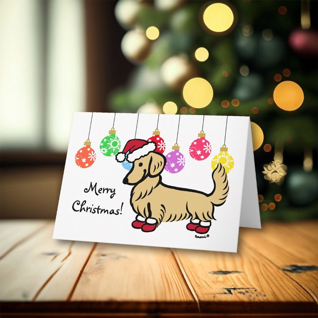 Långhårig Cream Dachshund jul Helgkort (Longhaired Cream Dachshund wearing Santa Hat and Booties Christmas Cards for Dachshund Owners.)