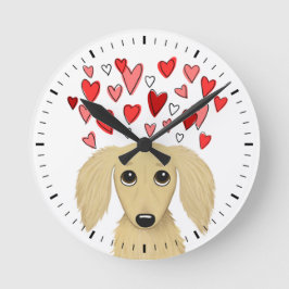Långhårig Cream Dachshund med Hearts Cute Hund Rund Klocka