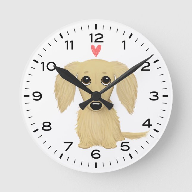 Långhårig Cream Dachshund med hjärtklappad Hund Rund Klocka (Framsida)