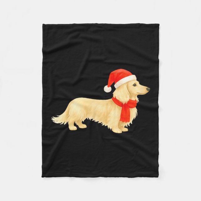 Långhårig Crème Jul Doxie Med Tomte Hatt Fleecefilt (Framsidan)
