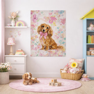 Långhårig Dachshund Akvarell Pastell Blommig Poster