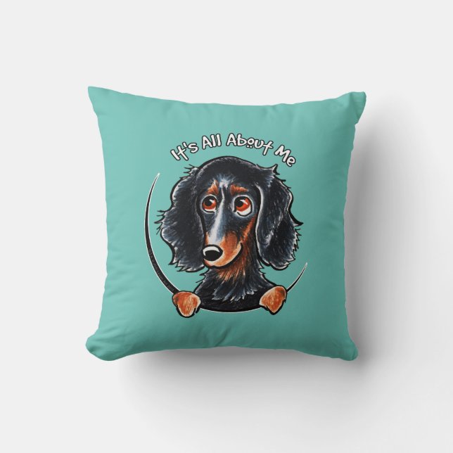 Långhårig Dachshund Black Tan IAAM Teal Kudde (Framsida)