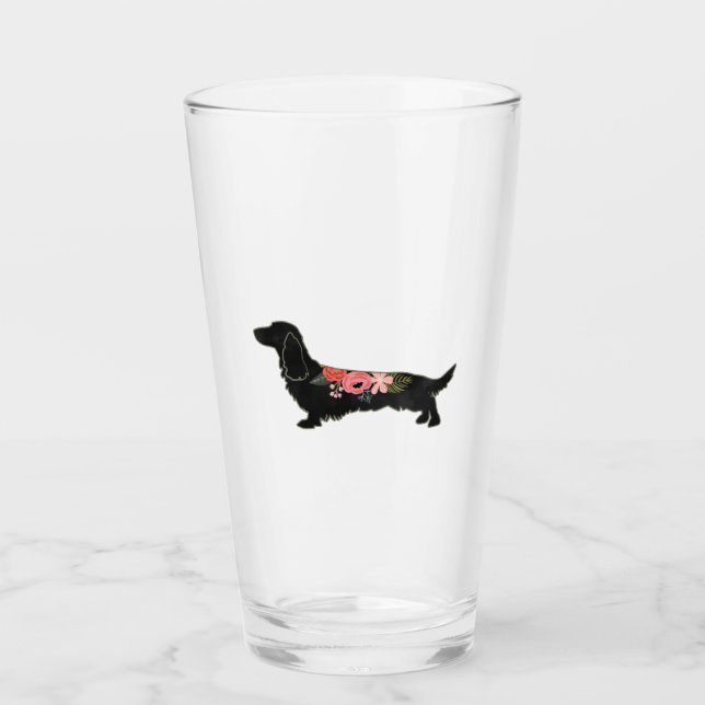 Långhårig Dachshund Bohemian Blommigt Silhouette Glaskopp (Framsida)