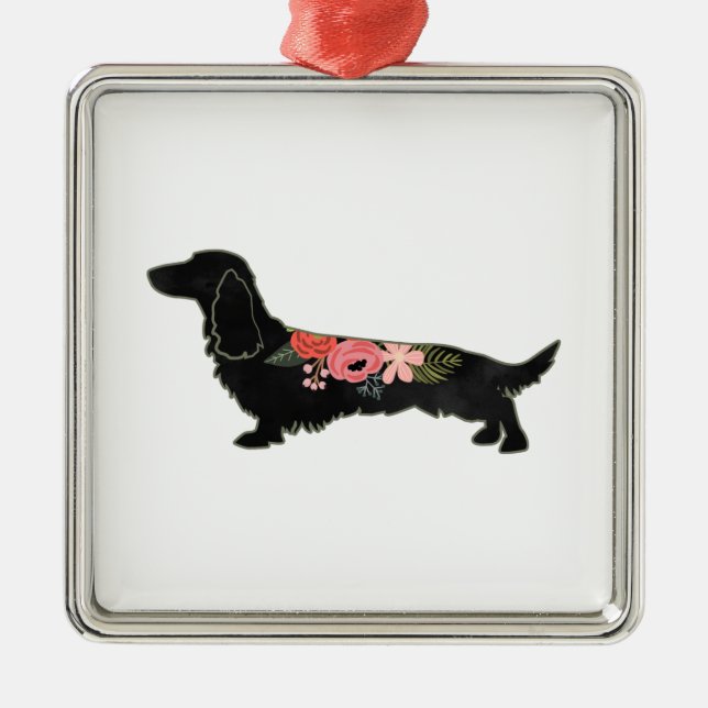 Långhårig Dachshund Bohemian Blommigt Silhouette Julgransprydnad Metall (Framsidan)