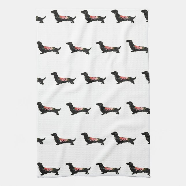 Långhårig Dachshund Bohemian Blommigt Silhouette Kökshandduk (Vertikal)