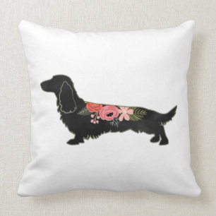 Långhårig Dachshund Bohemian Blommigt Silhouette Kudde