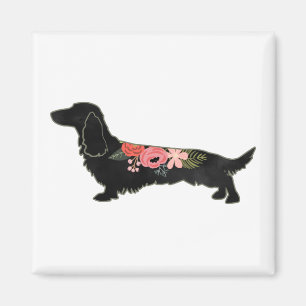 Långhårig Dachshund Bohemian Blommigt Silhouette Magnet