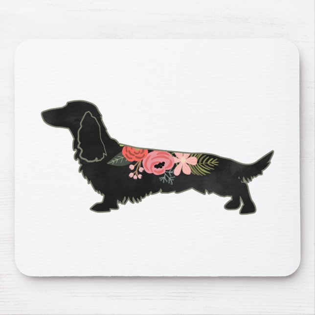 Långhårig Dachshund Bohemian Blommigt Silhouette Musmatta (Framsidan)