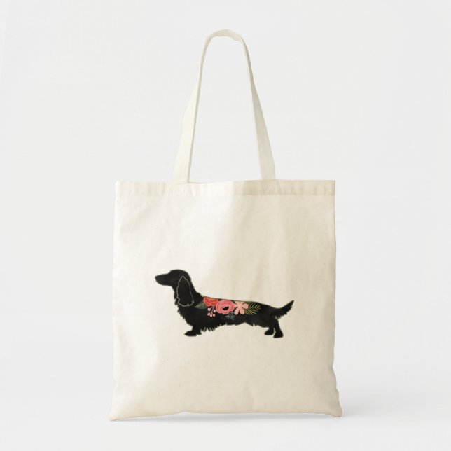 Långhårig Dachshund Bohemian Blommigt Silhouette Tygkasse (Framsidan)