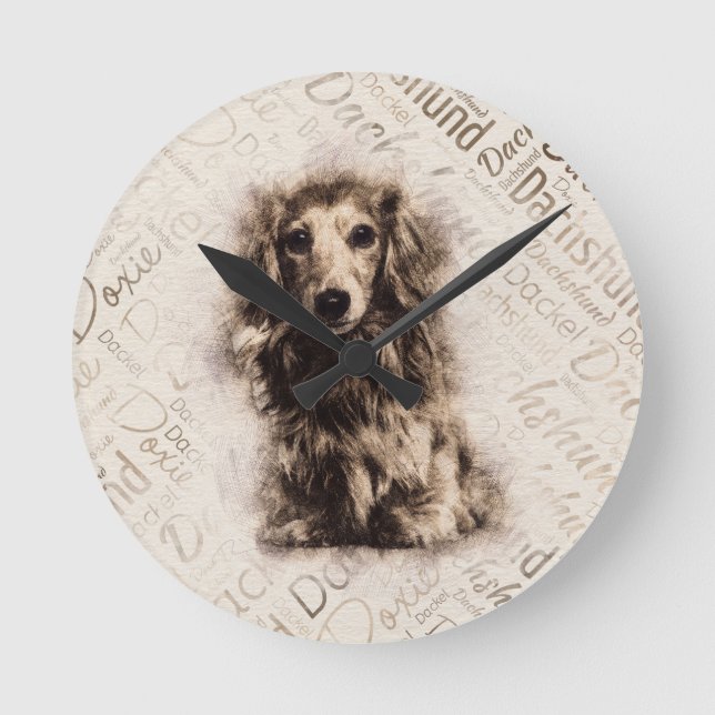 Långhårig Dachshund hund Rund Klocka (Framsida)