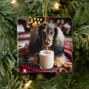 Långhårig Dachshund Julgransprydnad Keramik