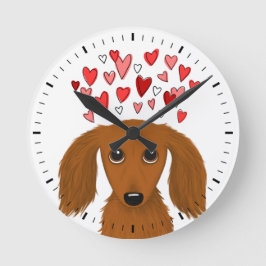 Långhårig Dachshund med Valentine Hearts Cute Rund Klocka