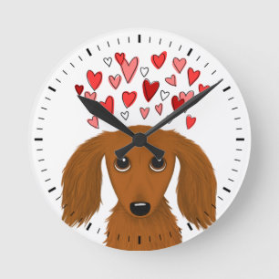 Långhårig Dachshund med Valentine Hearts Cute Rund Klocka