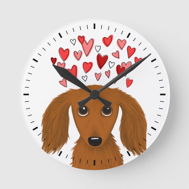 Långhårig Dachshund med Valentine Hearts Cute Rund Klocka (Framsida)