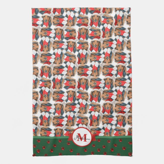 Långhårig Dachshund Mönster Monogram Jul Hund Kökshandduk (Vertikal)