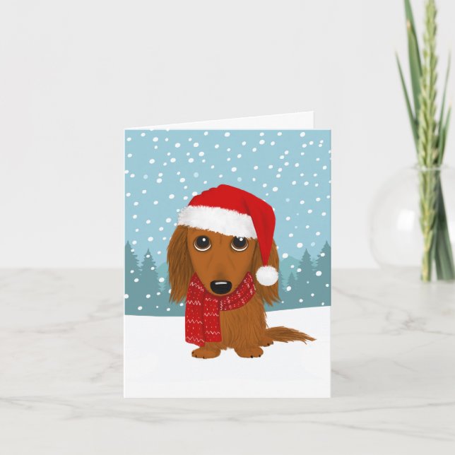 Långhårig Dachshund Santa Wiener Hund jul Helgkort (Framsida)