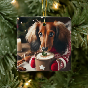 Långhårig dachshund trädprydnad julgransprydnad keramik