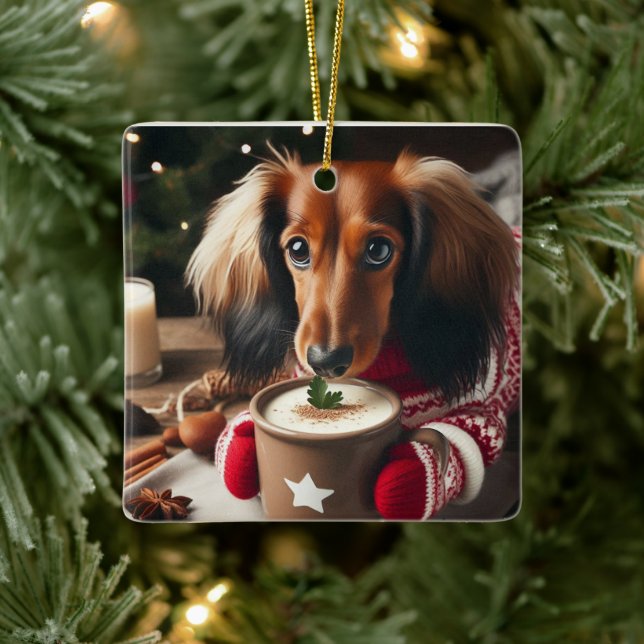 Långhårig dachshund trädprydnad julgransprydnad keramik (Träd)