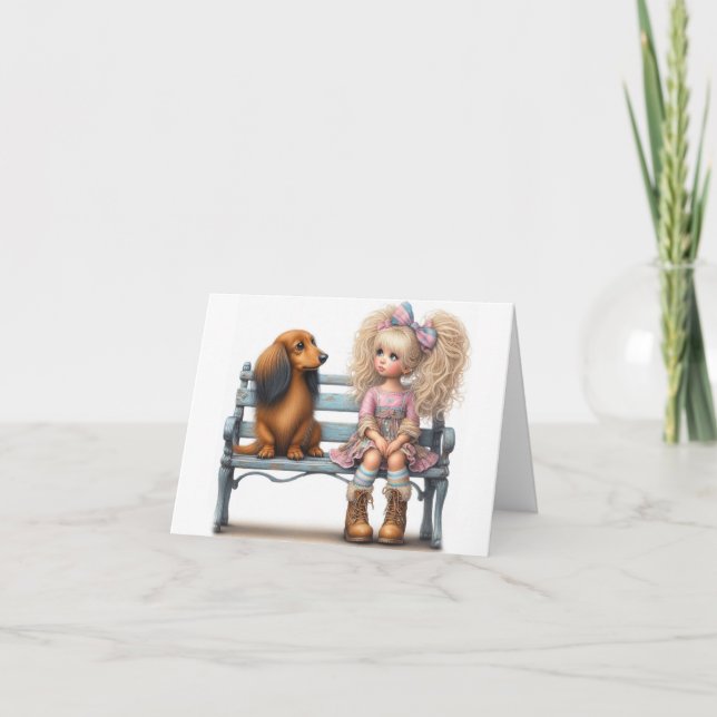 Långhårig dachshund-vännekort med fantasifull desi kort (Framsida)