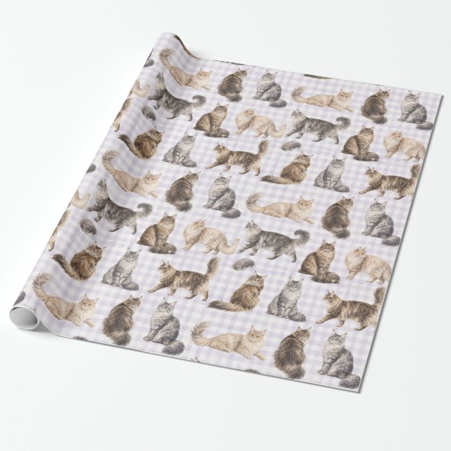 Långhårig katt lila rutigt akvarellpresentpapper presentpapper (Utrullad)