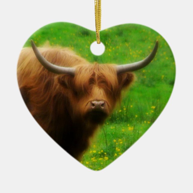 Långhårig LongHorn med långa Horns Julgransprydnad Keramik (Framsidan)