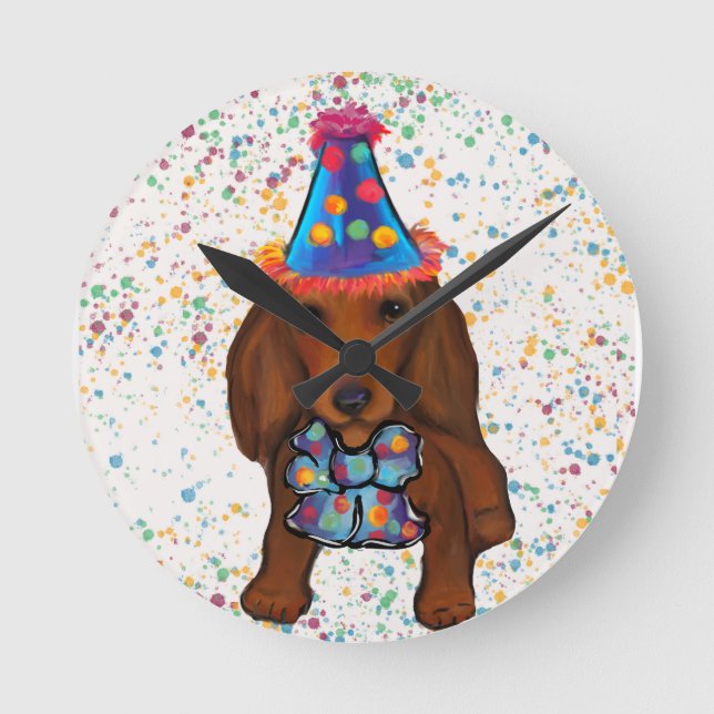 Långhårig röd Dachshund      Rund Klocka (Framsida)