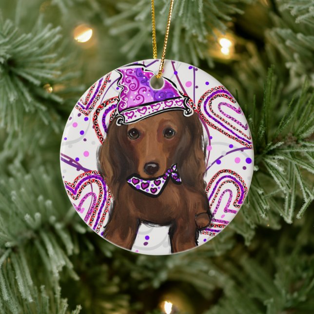 LÅNGHÅRIG RÖD DOXIE         JULGRANSPRYDNAD KERAMIK (Träd)