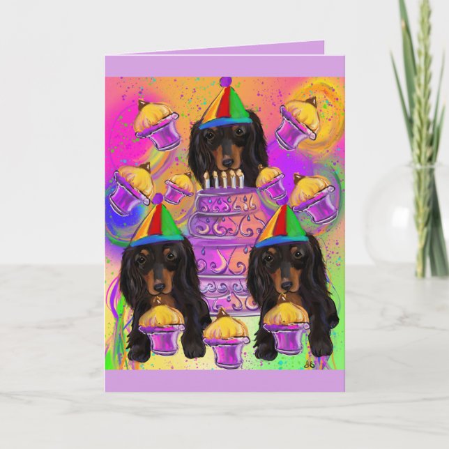 Långhårig svart dachshund helgkort (Framsida)