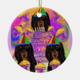 Långhårig svart dachshund julgransprydnad keramik