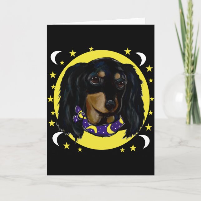 Långhårig svart dachshund kort (Framsida)