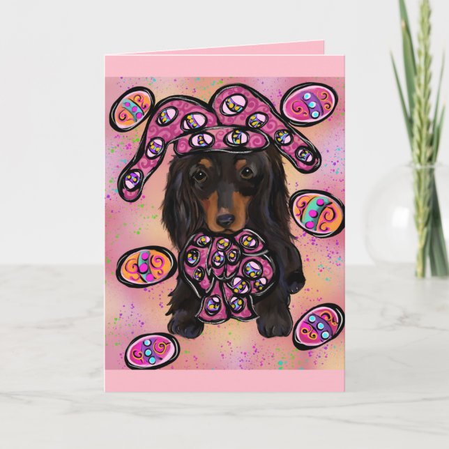 Långhårig svart dachshund kort (Framsida)