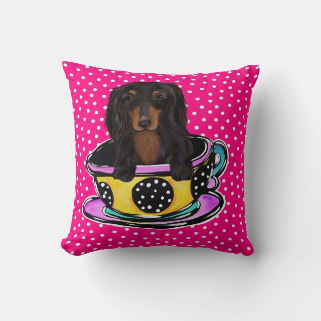 Långhårig svart dachshund kudde (Framsida)