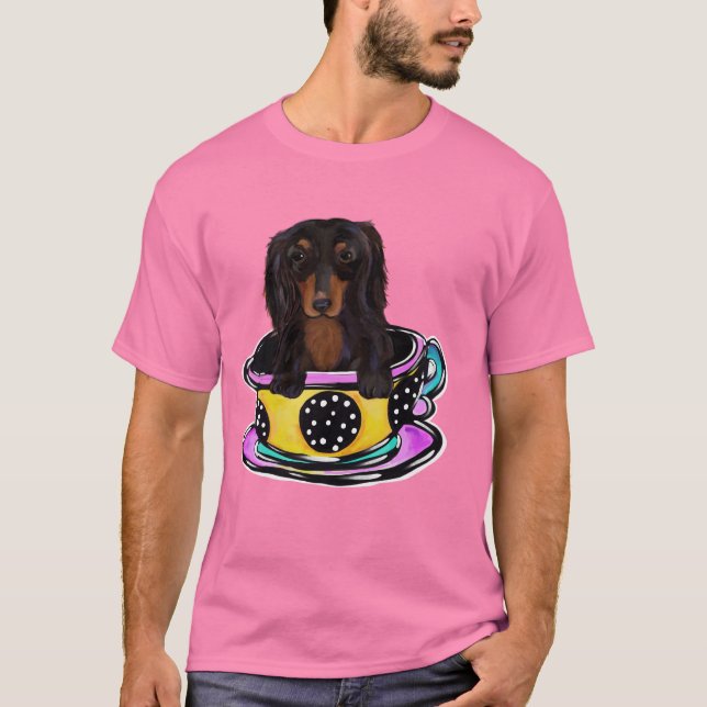 Långhårig svart doxie t shirt (Framsida)