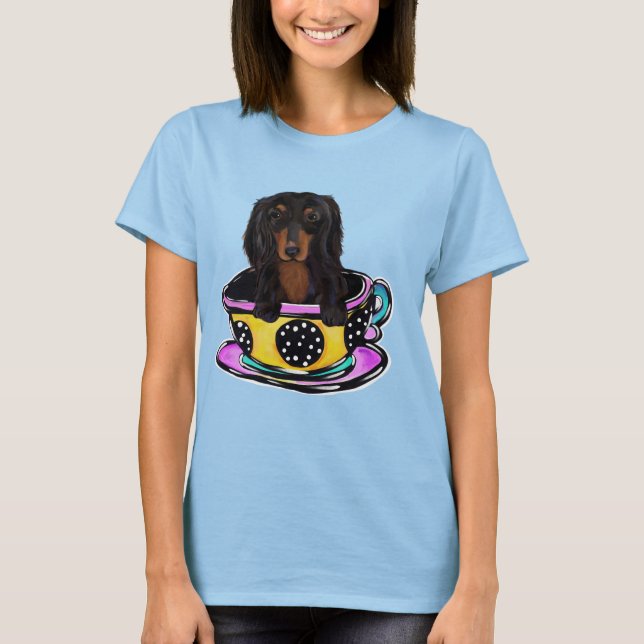 Långhårig svart doxie t shirt (Framsida)